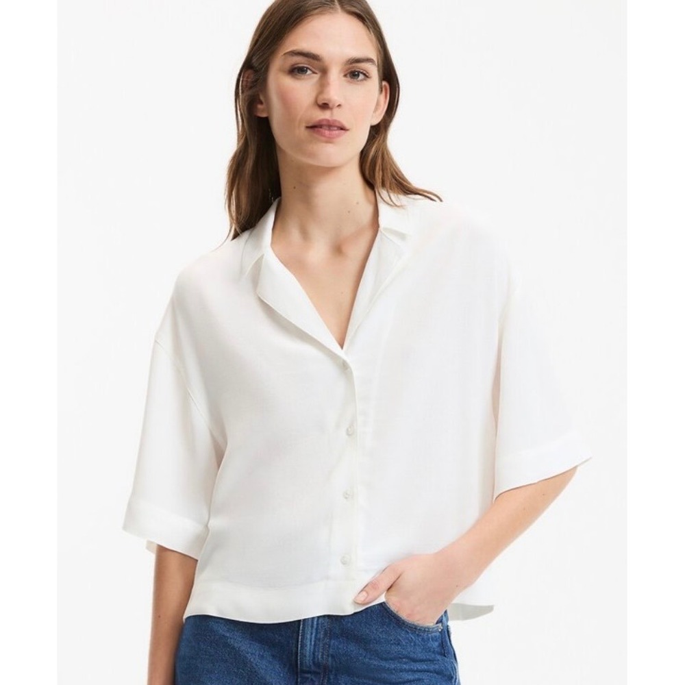 La Redoute White Short Sleeve Button Down‎ Blouse Size 12 Office Preppy